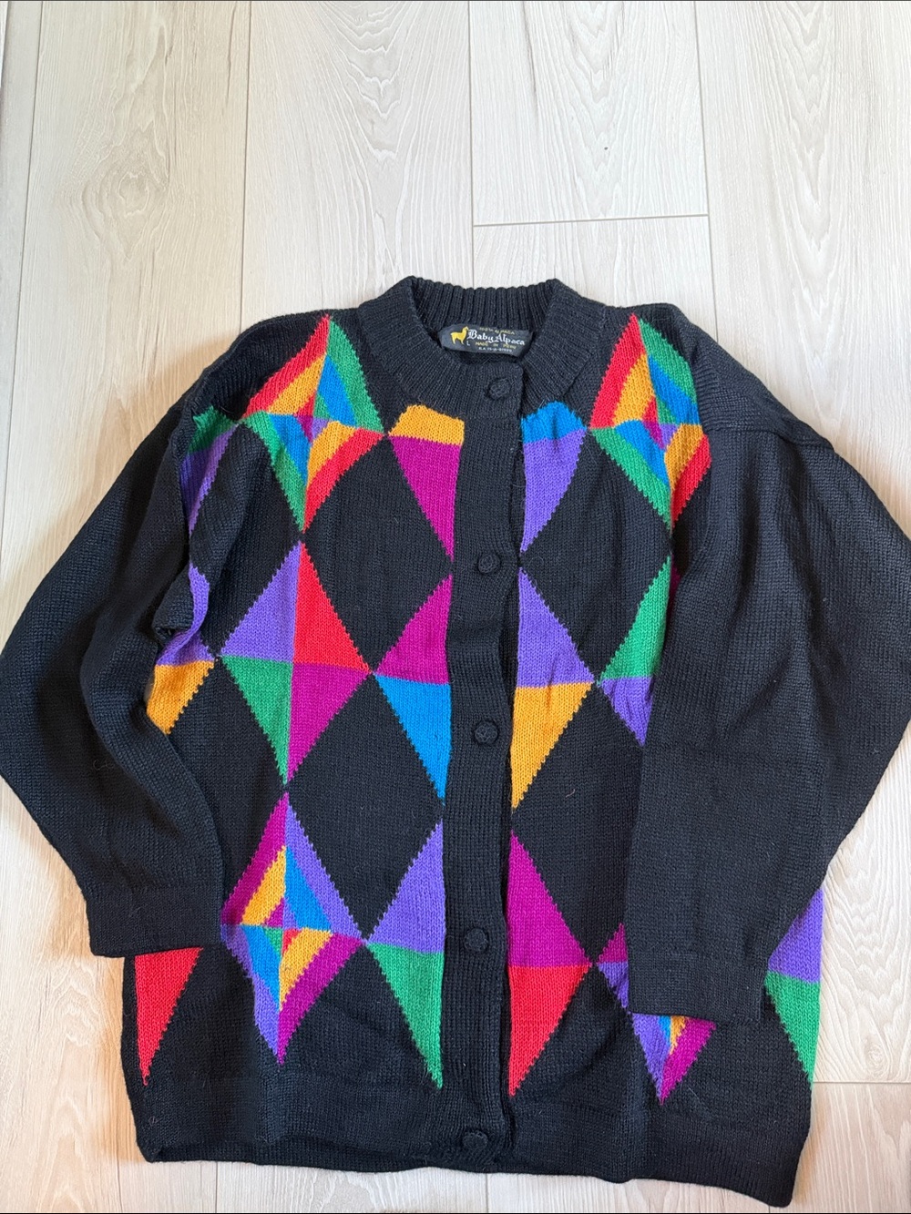 Black Alpaca Geometric Button-Front Cardigan Sweater - Women's